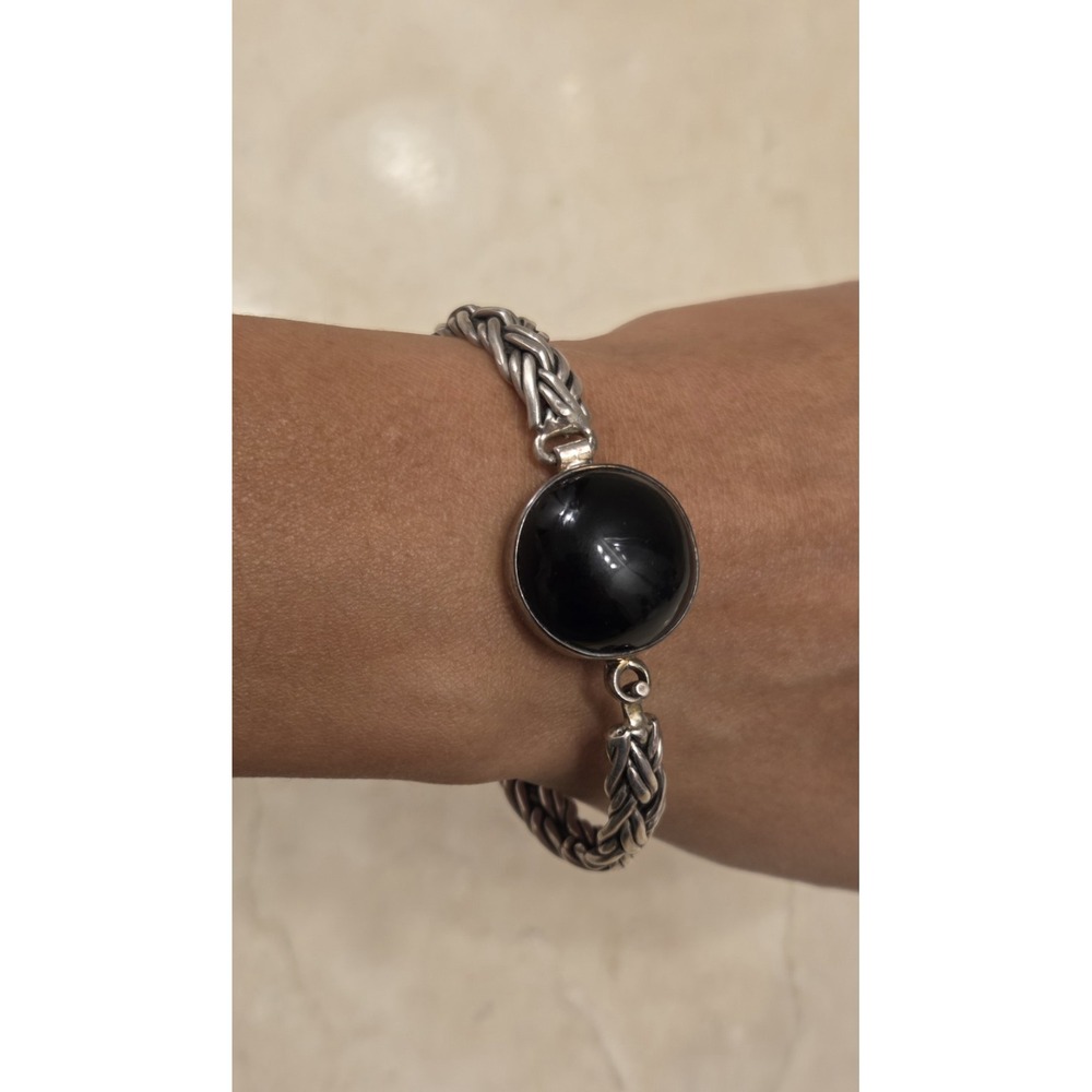 Vintage Taxco Sterling Silver Black Onyx Hook Bangle Bracelet‎ Signed Mexico 925